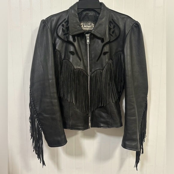 VTG Women’s Pro-Sports Leather Moto Jacket Fringe Conchos Roses Cinched Waist - Picture 14 of 15